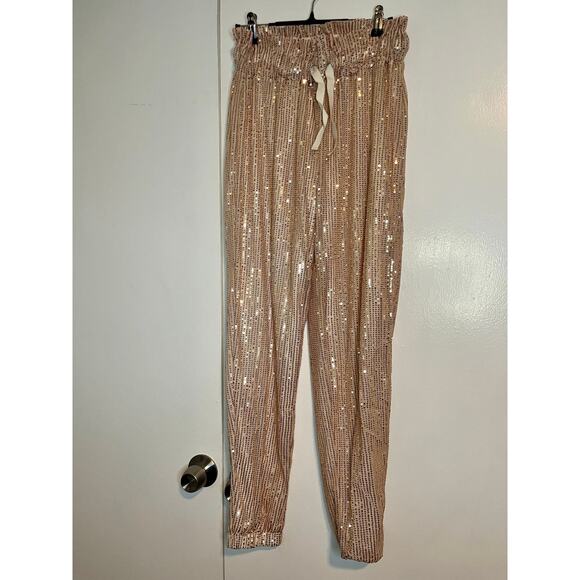 NWOT ALLUMK Glitter Sequin High Waist Drawstring  Dress Pants Rose Gold Large - Picture 6 of 8